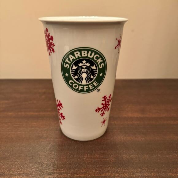 Starbucks 2010 CHRISTMAS White Travel Mug Silicone Lid Red Snowflakes Coffee Cup - Picture 1 of 14